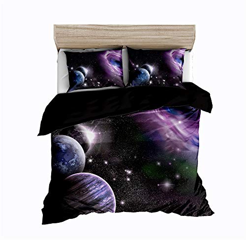 Timiany Bettwäsche-Set 3D Galaxy Sternenhimmel Universum Mond Duvet Quilt Und Kissenbezug135x200+80x80cm Kids Weltall Bettbezug Für Einzel-/ Doppelbetten (Sterne,220x240+80x80) von Timiany
