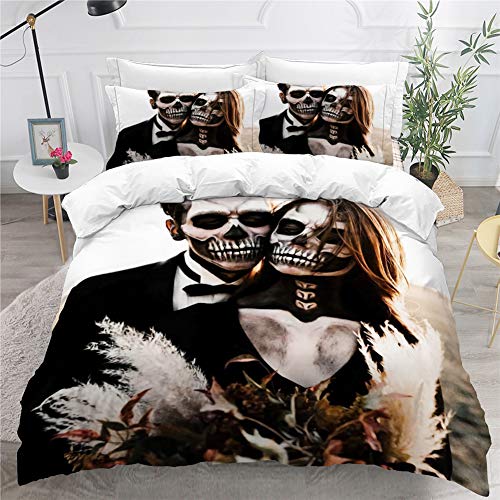 Timiany Bettwäsche Set Schädel & Rosen Bettbezug 135x200cm, Halloween Gotisch Totenkopf Hypoallergen Mikrofaser Bettbezüge Und 2 Kissenbezug 80x80cm (Skelett Braut,155x220+50x75) von Timiany