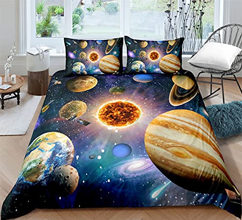 Timiany Kinder Bettwäsche Set Sonnensystem Planet Jungen-Teenager-Bettbezüge Mit Reißverschluss 135x200cm+80x80cm Planeten & Sterne Mikrofaser Bettbezug (Universum-D,135x200+50x75) von Timiany