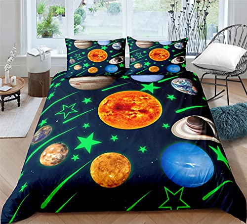 Timiany Kinder Bettwäsche Set Sonnensystem Planet Jungen-Teenager-Bettbezüge Mit Reißverschluss 135x200cm+80x80cm Planeten & Sterne Mikrofaser Bettbezug (Universum-F,135x200+50x75) von Timiany