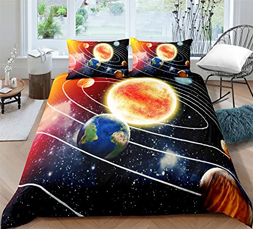 Timiany Kinder Bettwäsche Set Sonnensystem Planet Jungen-Teenager-Bettbezüge Mit Reißverschluss 135x200cm+80x80cm Planeten & Sterne Mikrofaser Bettbezug (Universum-J,135x200+50x75) von Timiany