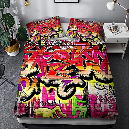 Timiany Mikrofaser Bettwäsche Set,Graffiti Mega Coole Bunte Jugendzimmer Bettbezug, NYC Street Art Design Mit Reißverschluss 135x200cm+80x80cm (Graffiti-E,135x200+80x80) von Timiany