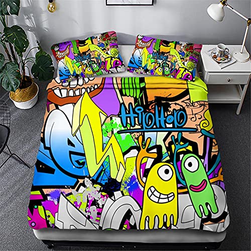 Timiany Mikrofaser Bettwäsche Set,Graffiti Mega Coole Bunte Jugendzimmer Bettbezug, NYC Street Art Design Mit Reißverschluss 135x200cm+80x80cm (Graffiti-F,135x200+80x80) von Timiany