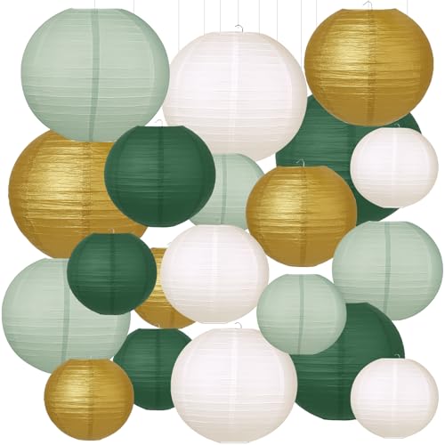 Timisea 20 Stück Papier Lampions Set Salbeigrün/Waldgrün/Elfenbein/Gold 4 Größen (15-30cm) Deko für Gartenparty Hochzeit Geburtstag von Timisea