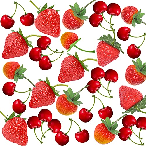 Timisea 32Pcs Künstlich Gefälschte Früchte Erdbeere Kirschen, Simulation Erdbeeren Realistische Plastikfrucht Künstliche Gefälschte Kirschen Erdbeer-Dekor für Hochzeit, Fotografie-Requisite von Timisea
