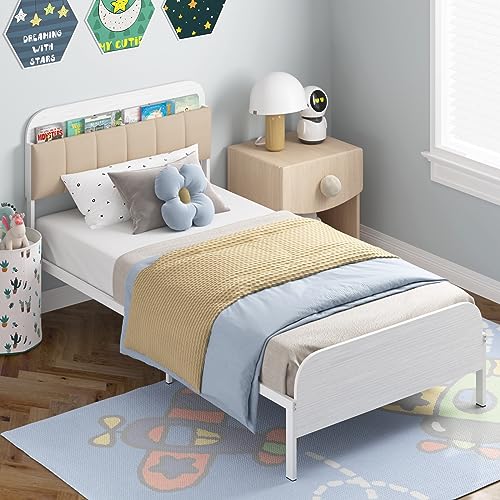 Timy Kinder-Bettgestell mit Bücherregal, Kopfteil, Metallplattform, Bettgestell mit gepolstertem Kopfteil für Jungen, Mädchen, Teenager, Erwachsene, kein Boxspringbett erforderlich, Weiß Timy Kinder-Bettgestell mit Bücherregal, Kopfteil, Metallplattform, Bettgestell mit gepolstertem Kopfteil für Jungen, Mädchen, Teenager, Erwachsene, kein Boxspringbett erforderlich, Weiß von Timy
