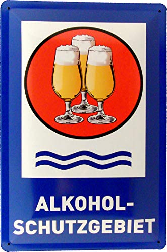 Blechschild 20x30 Alkohol Schutzgebiet mit Bier Glas im Verkehrsschild Design Ideale Deko für Wohnzimmer Garten Trinkhalle Kiosk Kneipe Gastronomie Biergarten Bar Pub Essen Trinken Bier von Tin Sign