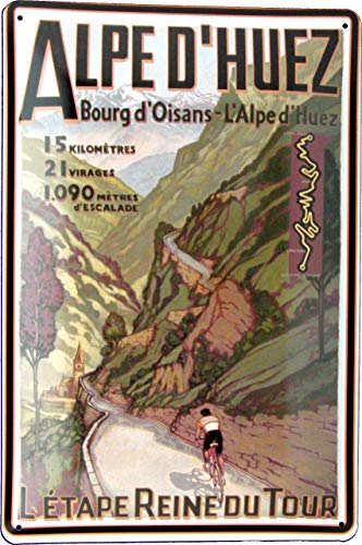 Blechschild 20x30 Alpe D´Huez Berg Etappe Tour de France im Retro Vintage Nostalgie Plakat Design Radsport Sport Rennrad Fahrrad Peloton Frankreich Land Karte von Tin Sign
