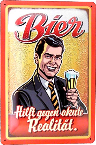 Blechschild 20x30 Bier Hilft gegen akute Realität für Kneipe Pub Bar Biergarten Beruf Werkstatt Büro Gastwirtschaft Grillen Geschenk Party Keller Geburtstag Feierabend Essen Trinken Alkohol von Tin Sign