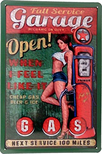 Blechschild 20x30 Full Service Garage Geöffnet Pin Up Girl Tankstelle Zapfsäule im Retro Nostalgie Vintage USA Design Werkstatt Mechaniker von Tin Sign