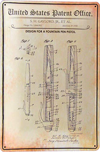 Blechschild 20x30 Schießender Kugelschreiber Bond 007 Gadget im US Patent Stil Geheimdienst Spion Agent Schuss Waffe Pistole im Retro Vintage Nostalgie von Tin Sign