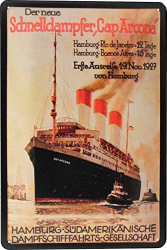 Blechschild 20x30 Schnelldampfer Cap Arcona Rügen Schiff Hamburg Südamerika Seefahrt HSDG im Retro Nostalgie Vintage Werbeplakat Design mit Passagier Kreuzfahrt Urlaub Atlantik Meer Blechschild 20x30 Schnelldampfer Cap Arcona Rügen Schiff Hamburg Südamerika Seefahrt HSDG im Retro Nostalgie Vintage Werbeplakat Design mit Passagier Kreuzfahrt Urlaub Atlantik Meer von Tin Sign