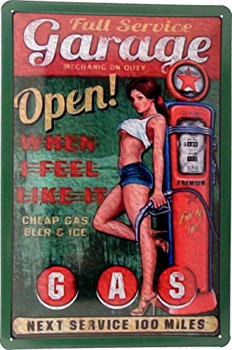 Blechschild 20x30 Werkstatt Geöffnet Full Service Garage Open Pin Up Girl Tankstelle Zapfsäule im Vintage USA Design Auto Mechaniker von Tin Sign