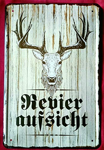 Blechschild 20x30 cm Jäger Revieraufsicht Hirschkopf Trophäe Hinweis Metall Schild von Tin Sign