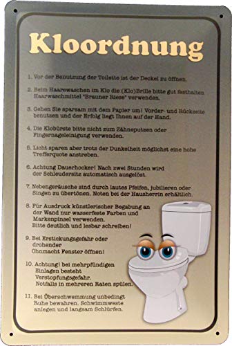 Tin Sign Blechschild 20x30 Klo Ordnung Toiletten Regeln WC Badezimmer lustige Version ideal fürs stille Örtchen in Heim Büro Werkstatt Gastronomie von Tin Sign