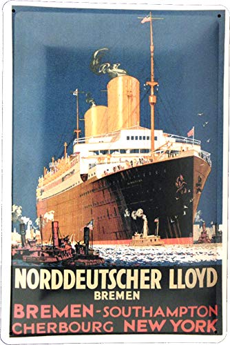 Tin Sign Blechschild 20x30 Seefahrt Nord Deutscher Lloyd Bremen New York Werbung Plakat mit Passagier Dampfer im Retro Nostalgie Design Schiff Meer Urlaub Welt Reise von Tin Sign