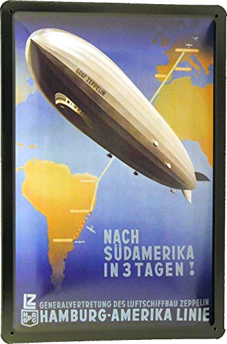 Tin Sign Blechschild 20x30 Zeppelin Luftschiff Werbung Hamburg Amerika Linie HAPAG Weltreise Ozean Überquerung im Retro Nostalgie Design von Tin Sign