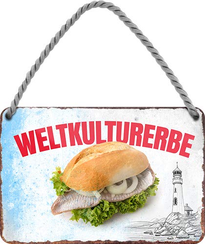 Tin Sign Hängeschild Blechschild 18x12 cm Weltkulturerbe Deutschland Fischbrötchen Matjes Deko Schild mit Kordel + Saugnapf H017 von Tin Sign