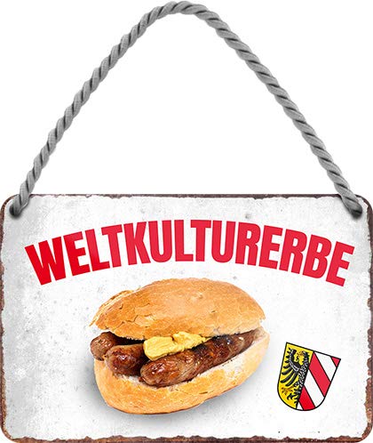Tin Sign Hängeschild Blechschild 18x12 cm Weltkulturerbe Nürnberger Bratwurst Deko Schild mit Kordel + Saugnapf H016 von Tin Sign