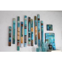 Riesige Abstrakte Vertikale Türkis Spuren Collagen Holz & Metall Wandinstallation Set 9 Seele Totems Moderne Relief Skulptur Rustikal Südwesten von TinExpressions