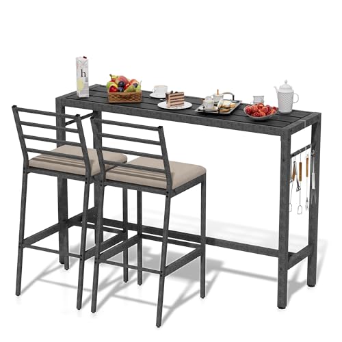 Bartisch Set 3 Teilig Schwarz Bartisch Set mit 2 Stühlen Küchentisch mit Gepolsterten Barhocker Gartenmöbel Set aus Metall für Hinterhof, Veranda, Bistro, Balkon, Esszimmer von TinFrey