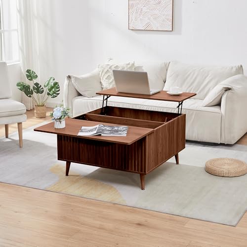 TinFrey Couchtisch Höhenverstellbar mit Stauraum, Wohnzimmertisch Klappbar mit Ausziehbarer Platte und Offenen Fächern, Rechteckiger Kaffeetisch für Wohnzimmer von TinFrey