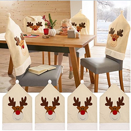 4 Stücke Weihnachten Rentier Stuhlhussen - Esszimmerstuhl Weihnachten Weihnachten Stuhlbezug Sets Nikolausmütze Stuhlüberzug Küche Stuhldeko Ornament Weihnachtsdeko Party Supplies (Beige, 50x60cm) von TinaDeer