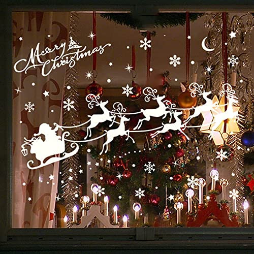 Fensterbilder Weihnachten Selbstklebend Fensterbild Rentier mit Weihnachtsmann und Schlitten Fensterfolie Wiederverwendbar Fensteraufkleber Weihnachtsfensterbilder für Fensterdeko (white, 30X43cm) von TinaDeer