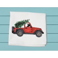 Roter Jeep Mit Lab Mehlsacktuch ~ Winterdeko Handtuch Baumwolltuch von TinaLabadiniDesigns