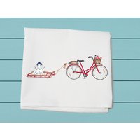 Rotes Fahrrad Mit Schneemann Mehlsacktuch, Winter Deko, Weihnachtsgeschenk, Handtuch, Baumwolltuch, Geschirrtuch von TinaLabadiniDesigns