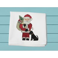 Weihnachtsmann Mit Spielzeug Und Schwarzem Labormehlsacktuch ~ Winterdekor Handtuch Baumwolltuch von TinaLabadiniDesigns