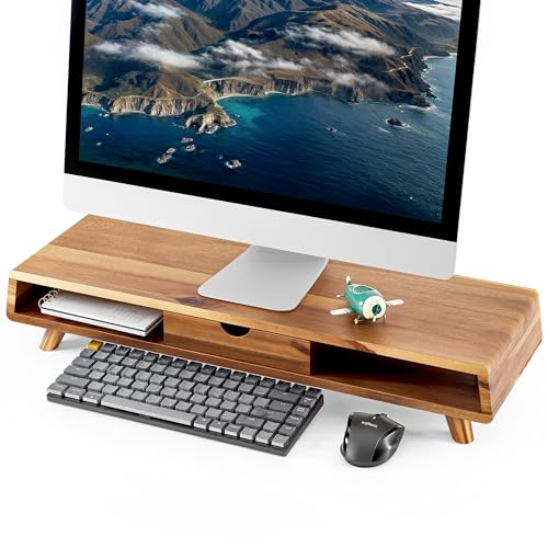 TINAMO Monitorständer aus Akazienholz mit Schublade – Monitorerhöhung aus Holz für den Schreibtisch – Computer-Monitorständer für den Schreibtisch – Mehrzweck-Desktop-Aufbewahrungsständer für Computer von Tinamo
