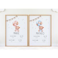 Geburtsdaten Poster Druck, Geburtsposter, Personalisiertes Geschenk Geburt, Geburtstafel, Geburtsposter Teddy, Din A3, A4, Ausgedruckt von TinasLovelyGifts
