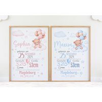 Personalisiertes Geschenk Geburt, Newborn Poster, Geburtstafel, Ausgedruckt, Geburtsposter Teddy, Blau, Rosa, Junge, Mädchen, Dina3, Dina4 von TinasLovelyGifts