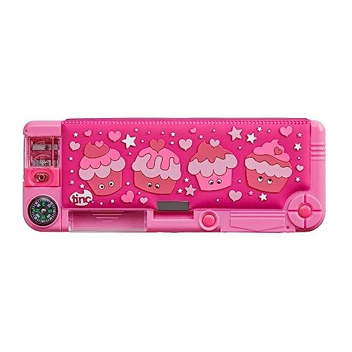 Tinc Mallo Character Pop Out Pencil Case Pink | Pop Out Compartment with Push Button | Includes Pencil with Eraser Topper, Ballpoint Pen & 15cm Ruler | 3 Compartments | for School von Tinc