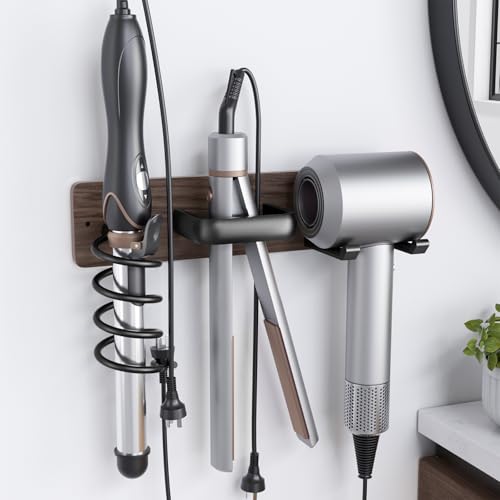 Tindbea Haartrocknerhalter, Lockenstabhalter, Glätteisenhalter, Haartrocknerhalter, Wandmontage, 3-in-1 Badezimmer Haarwerkzeug-Organisierer-Rack für universelle Trockner(Walnussholz Mattschwarz) von Tindbea