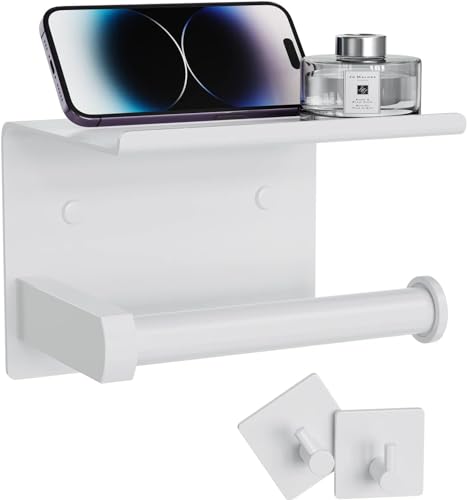 Tindbea Toilettenpapierhalter mit Telefon Regal und Handtuch Robe Haken, Kleber oder Schraube Wand befestigte Toilettenpapier Rolle Aufbewahrungsspender, Badezimmer Tissue Roll Halter (Weiß) von Tindbea