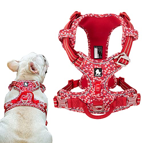 Tineer Blumenmuster No-Pull Hundegeschirr Reflektierendes Nylon Verstellbare Weiche, gepolsterte Weste Geschirr Training Einfacher Steuergriff für kleine mittelgroße Hunde (L Brust: 69-81cm, Rot) von Tineer