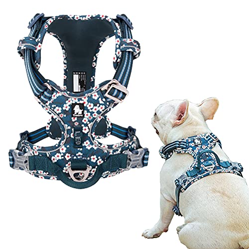 Tineer Blumenmuster No-Pull Hundegeschirr Reflektierendes Nylon Verstellbare Weiche, gepolsterte Weste Geschirr Training Einfacher Steuergriff für kleine mittelgroße Hunde (XL Brust: 81-107cm, Blau) von Tineer