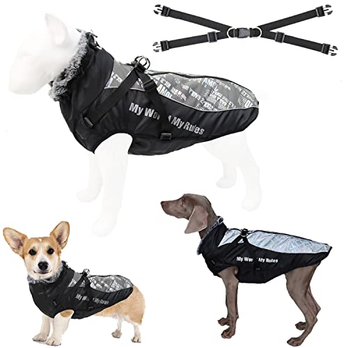 Tineer Warme Winter Hundejacke mit abnehmbarem Geschirr-Outfit, wasserdichter reflektierender Hundemantel mit Pelzkragen Kaltwetterkleidung Bekleidung für mittelgroße Hunde (3XL, Silber Weiss) von Tineer