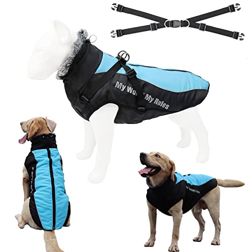 Tineer Warme Winter Hundejacke mit abnehmbarem Geschirr-Outfit, wasserdichter reflektierender Hundemantel mit Pelzkragen Kaltwetterkleidung Bekleidung für mittelgroße Hunde (4XL, Blau) von Tineer