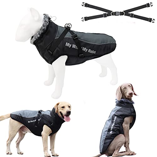 Tineer Warme Winter Hundejacke mit abnehmbarem Geschirr-Outfit, wasserdichter reflektierender Hundemantel mit Pelzkragen Kaltwetterkleidung Bekleidung für mittelgroße Hunde (5XL, Grau) von Tineer