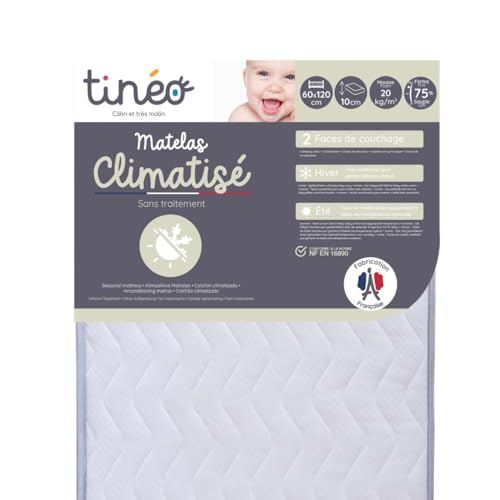 TINÉO – Klimaaktive matratze 60x120x10 cm – Babymatratze – klimatisiert – 1 Sommerseite – 1 Winterseite – unbehandelt – Dichte 20 kg/m3 – Made in France von Tinéo