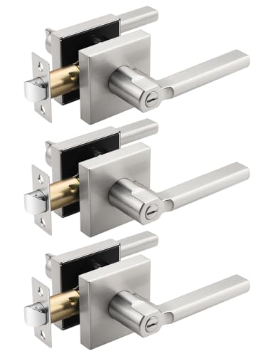 Tinewa Halifax Türdrücker, quadratisch, Satin-Nickel, gebürstetes Nickel-Finish, Bett-/Bad-Türhebel, schlüssellose Innengriffe, wendbar für Links- und Rechtshänder, 3 Stück von Tinewa