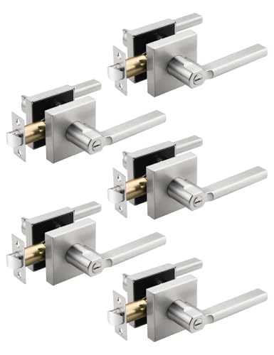 Tinewa Halifax Türdrücker, quadratisch, Satin-Nickel, gebürstetes Nickel-Finish, Bett-/Bad-Türhebel, schlüssellose Innengriffe, wendbar für Links- und Rechtshänder, 5 Stück von Tinewa
