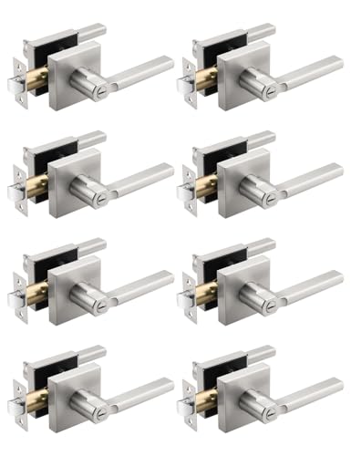 Tinewa Halifax Türdrücker, quadratisch, Satin-Nickel, gebürstetes Nickel-Finish, Bett-/Bad-Türhebel, schlüssellose Innengriffe, wendbar für Links- und Rechtshänder-Türen, 8 Stück von Tinewa