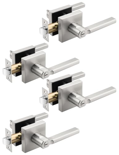 Tinewa Halifax Türdrücker, quadratisch, satiniertes Nickel, gebürstetes Nickel-Finish, Bett-/Bad-Türhebel, schlüssellose Innengriffe, wendbar für Links- und Rechtshänder, 4 Stück von Tinewa