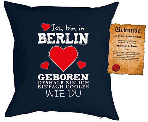 Berlin Geburt Kissen Sprüche Kuschelkissen Berlin : Ich bin in Berlin geboren - Kissen ohne Füllung + Urkunde - Farbe: navyblau von Tini - Shirts