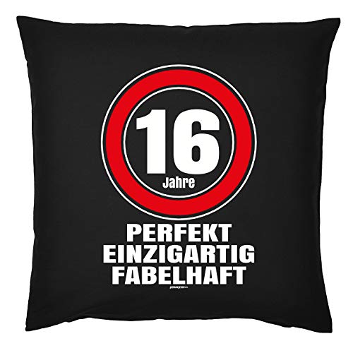 Deko-Kissen 16.Geburtstag - Sprüche-Kissen 16 Jahre : 16 Jahre perfekt einzigartig fabelhaft - Geschenk-Kissen 16 - Kissen mit Füllung - Farbe : schwarz von Tini - Shirts