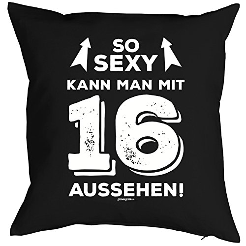 Sprüche-Kissen zum 16 Geburtstag - Geschenk-Idee Dekokissen 16 Jahre : So sexy kann Man mit 16 Aussehen! - Geburtstag 16 - Kissen ohne Füllung - Farbe: schwarz von Tini - Shirts